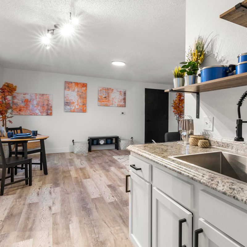 apartment kitchen with view of living room