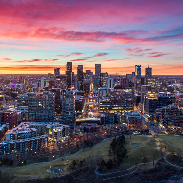 Denver, CO skyline at sunset